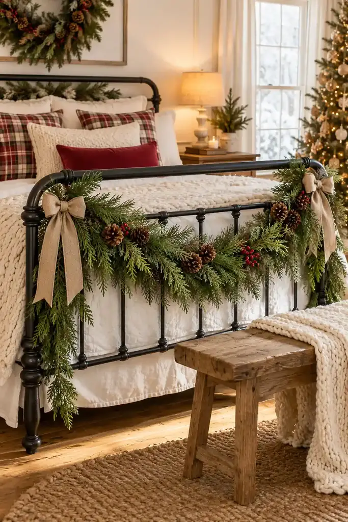 Black iron bed with a pine swag