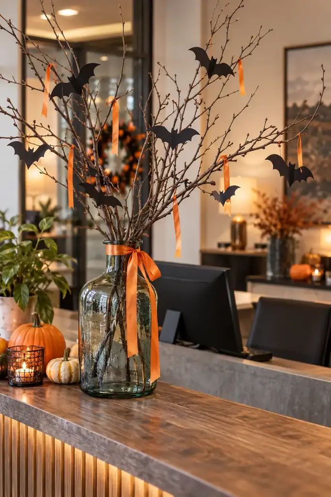 Bare branches in a recycled glass vase with tiny paper bats and orange ribbon on a reception desk