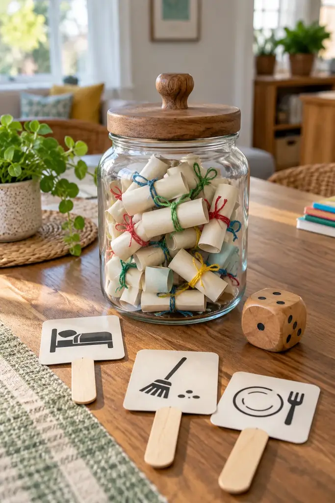 Game style chore jar with rolled task papers tied with string and a large wooden die on a game table