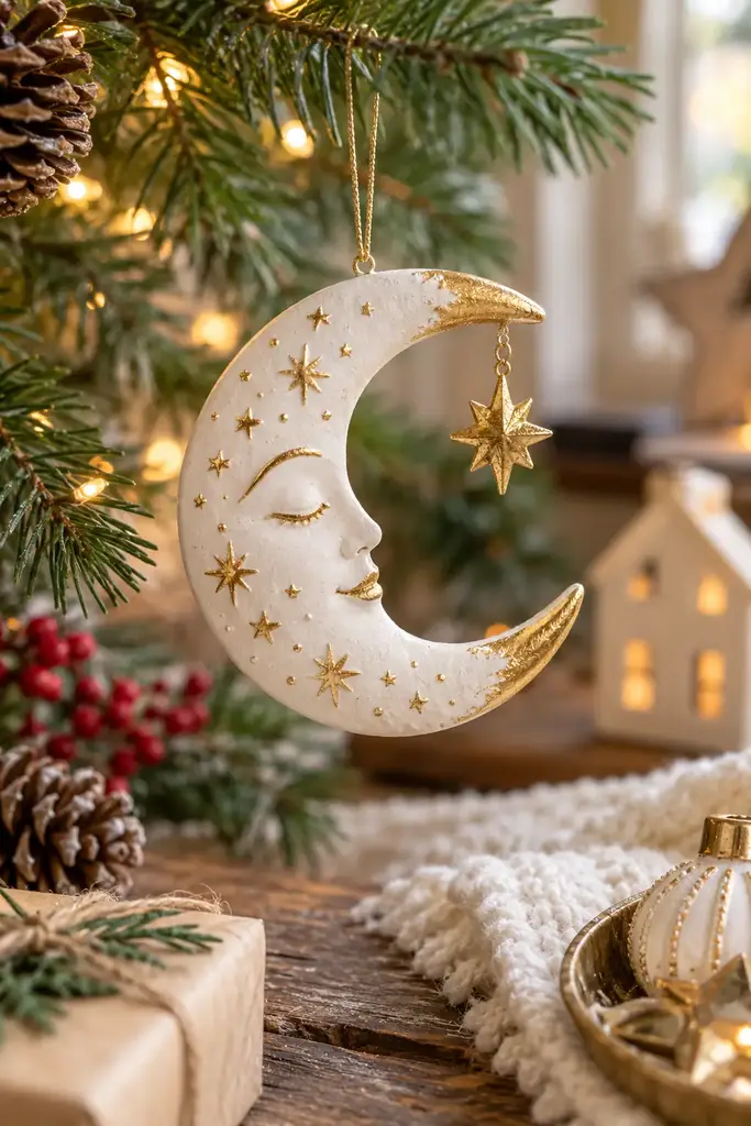 Clay moon with gold accents ornament