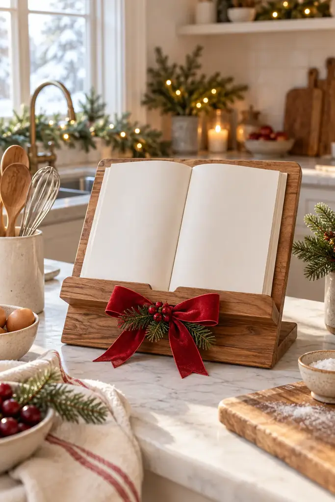 Wooden cookbook stand holding an open book with a red velvet bow on a kitchen counter