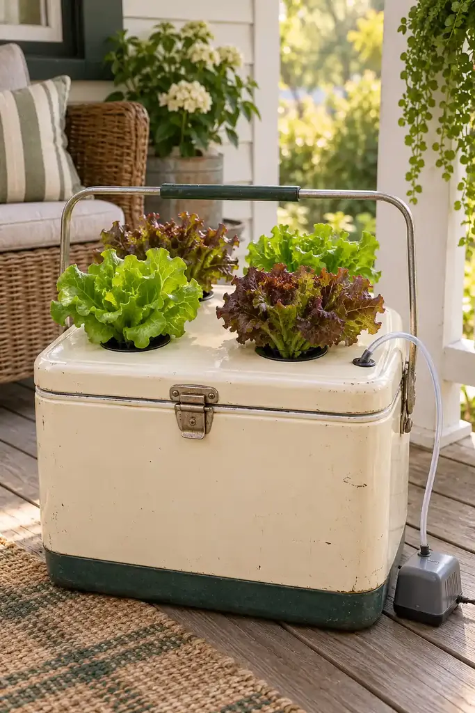 Vintage cream picnic cooler turned into a DIY hydroponic system with four net cups of green and red lettuce on a porch