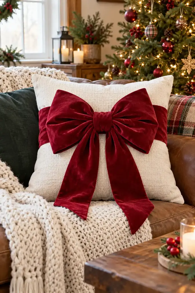 Cranberry bow pillow accent