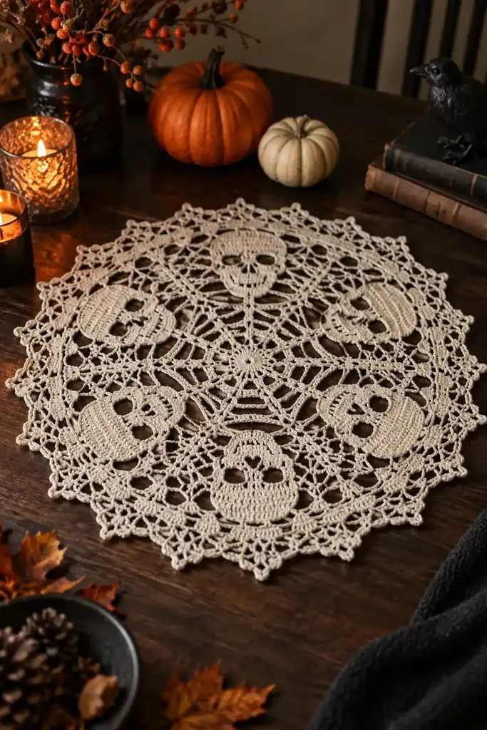 Ivory crocheted doily with skull motifs on a dark wood table