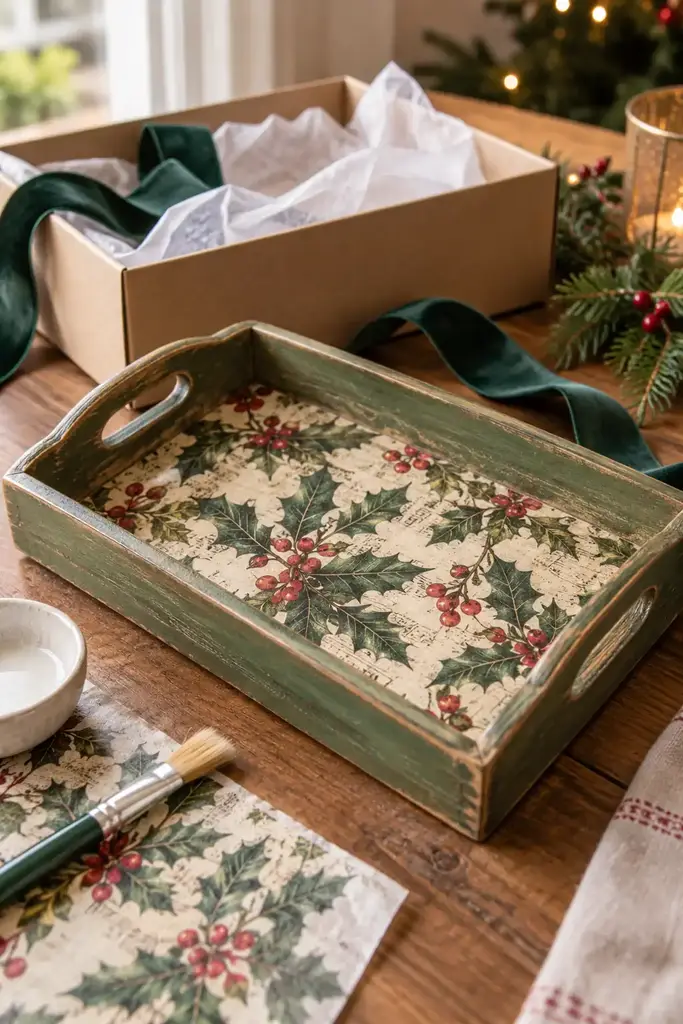 Green wooden serving tray with holly print napkin decoupage beside a brush and patterned napkins