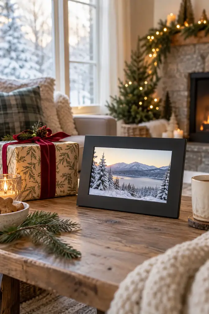 Black digital photo frame showing a snowy mountain lake scene beside a wrapped gift