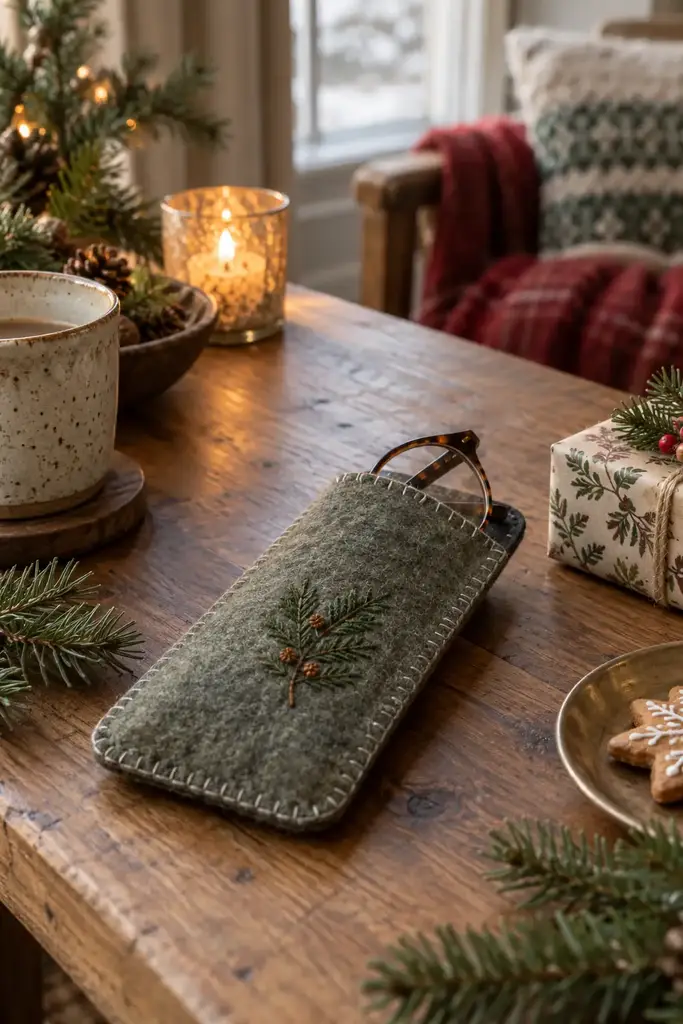 Green wool felt glasses case with blanket stitch edges and an embroidered pine sprig