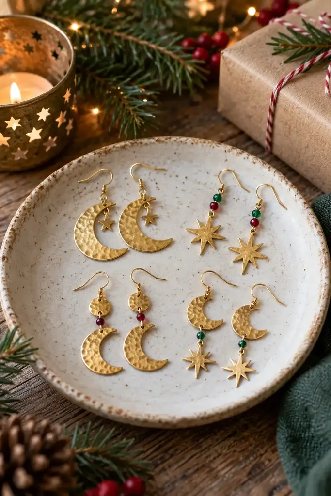 Hammered brass moon and star earrings