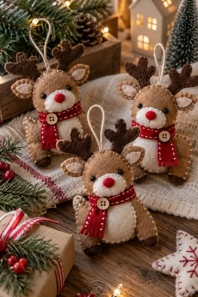 Christmas arts and crafts ideas, stitched felt reindeer ornaments