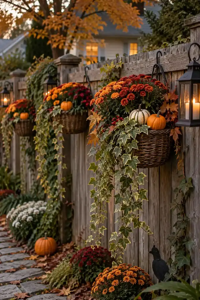 Wooden fence with hanging baskets of autumn flowers, mini pumpkins and trailing ivy