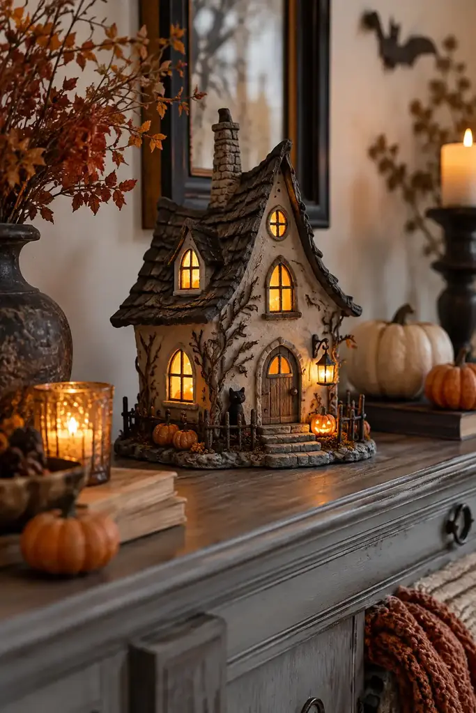 Detailed small clay haunted cottage with irregular roof and glowing LED windows on a console