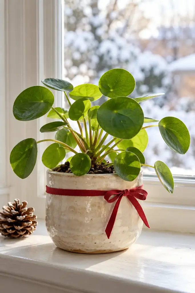 Chinese money plant in a cream ceramic pot tied with a red ribbon on a snowy windowsill beside a pinecone