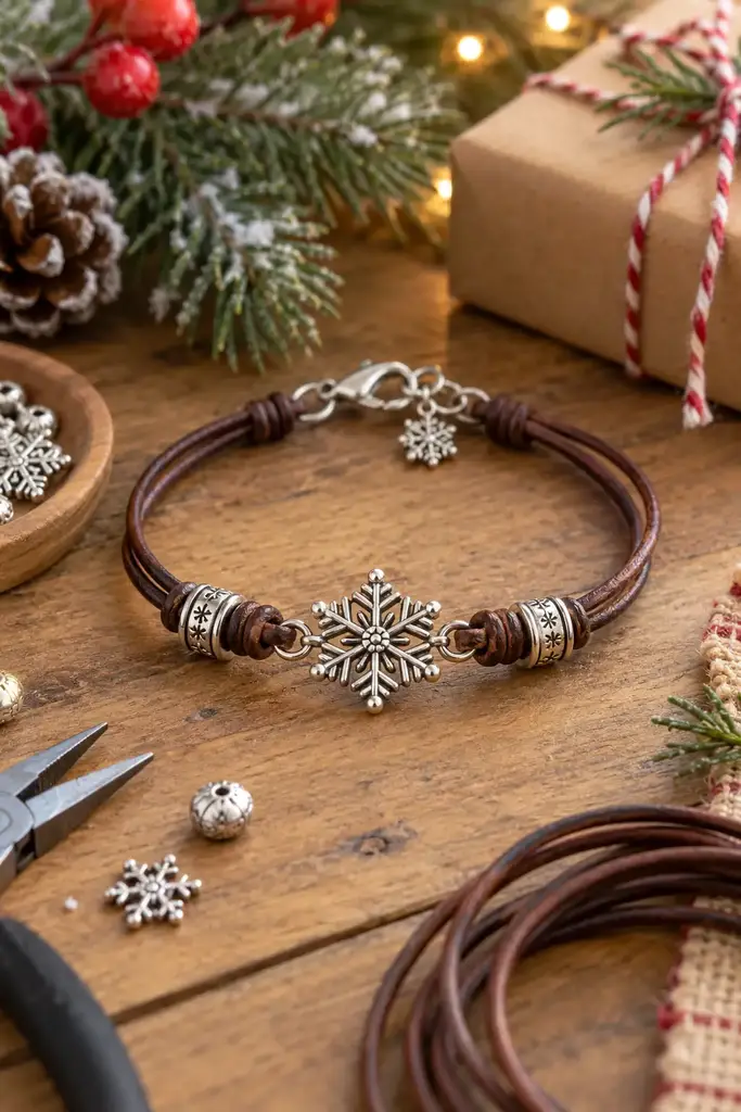 Leather cord silver snowflake bracelet