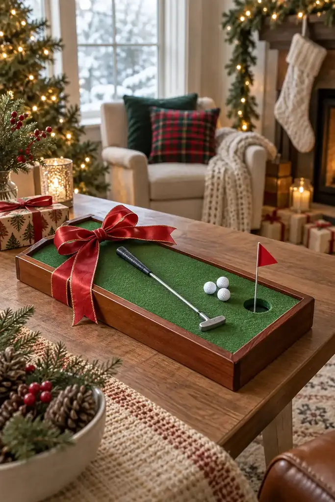 Desktop mini golf putting green in a wooden frame with a small putter, white balls and a red flag