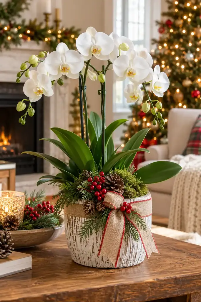 White orchid in a festive pot