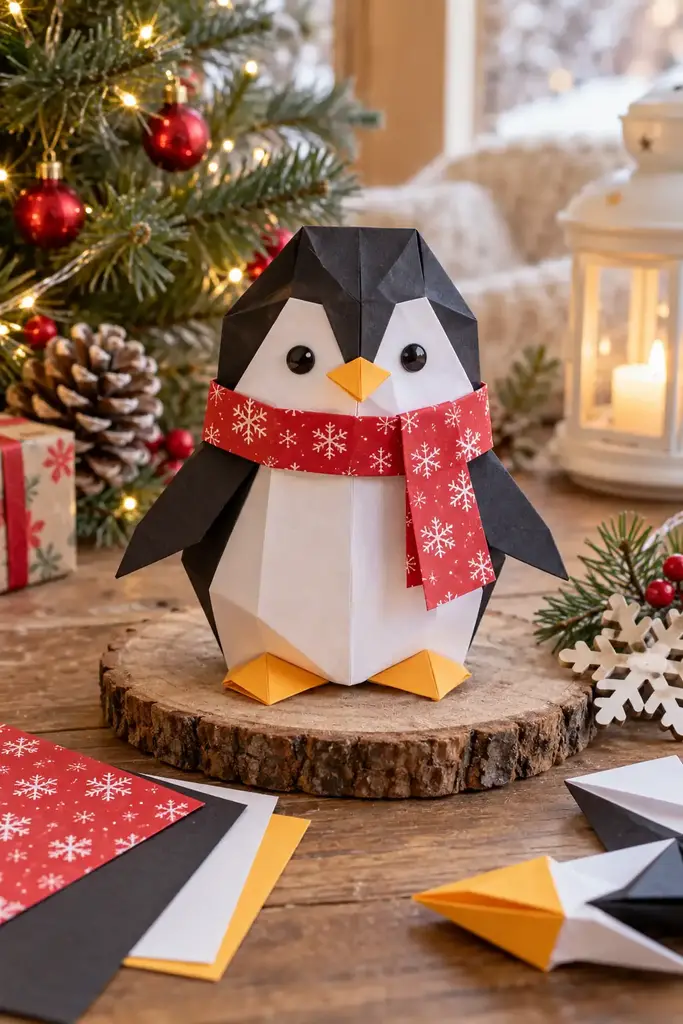 Origami penguin with a scarf