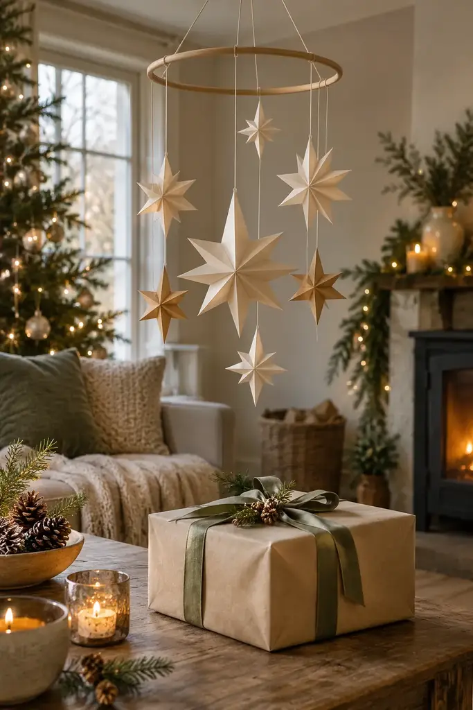 Cream and gold folded paper star mobile hanging from a wooden hoop above a wrapped gift