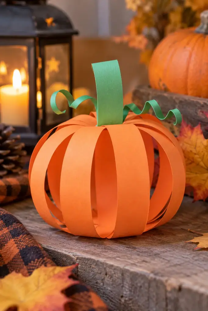 Orange paper strips curved into a round pumpkin with a broad green paper stem