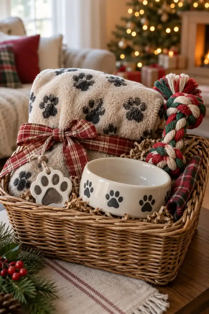 Pet lover gift basket with a paw print blanket, a rope toy and a paw print ceramic bowl