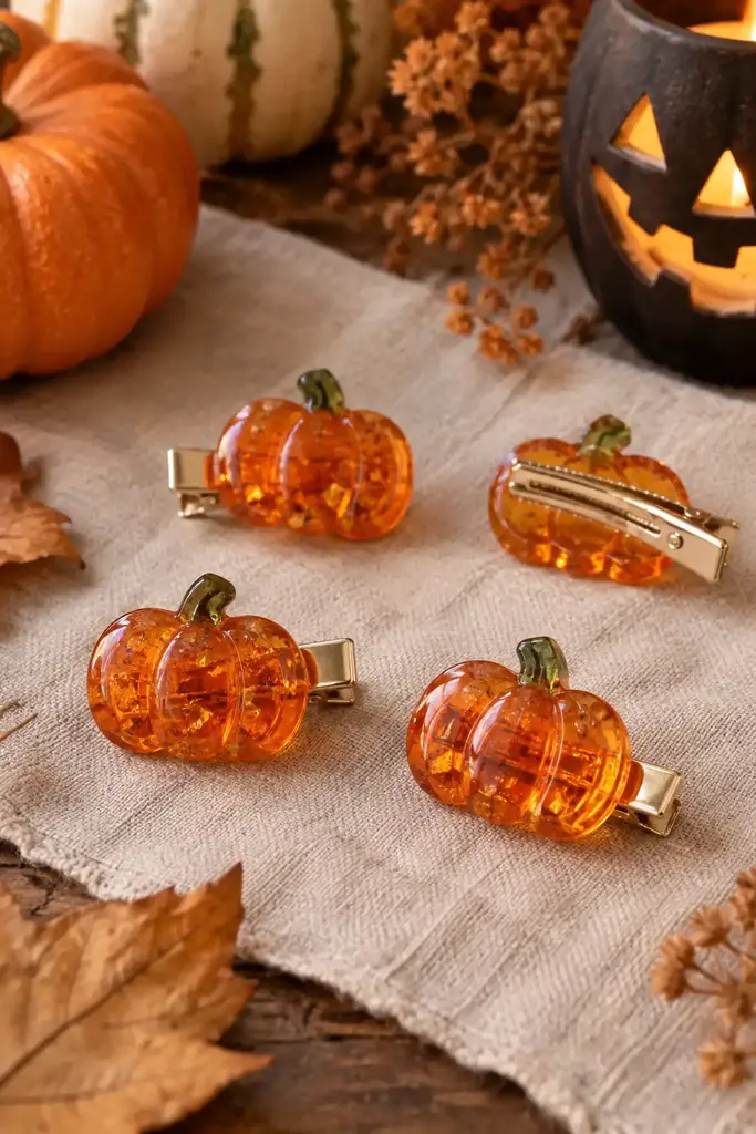 Small translucent orange pumpkin resin hair clips with metal backs on linen