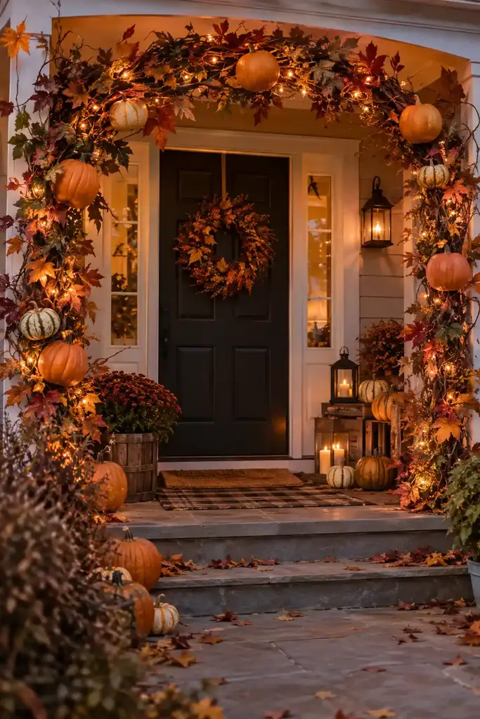 Porch entry arch decorated with faux pumpkin vines, autumn leaves and warm lights