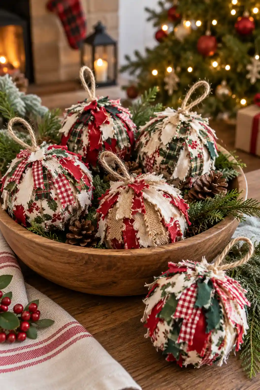 Rag Tie Ball Ornaments fabric Christmas crafts ideas
