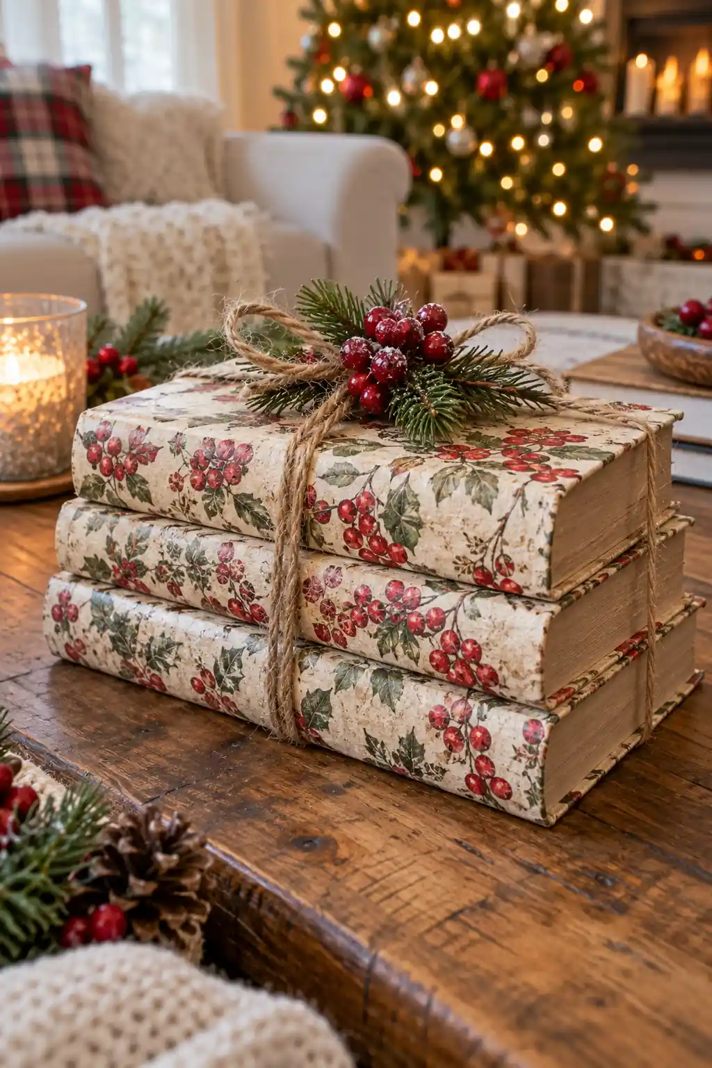 Red Berry Book Stack decoupage Christmas ideas