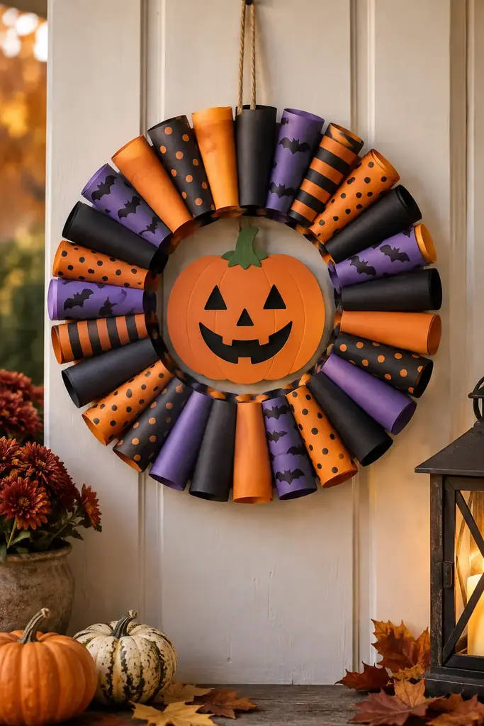 Halloween wreath of orange, purple and black rolled paper tubes with a smiling pumpkin center