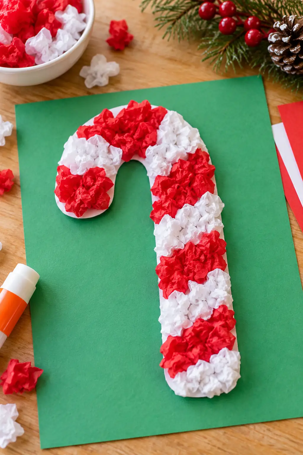 Scrunched Paper Candy Cane Christmas crafts for preschoolers