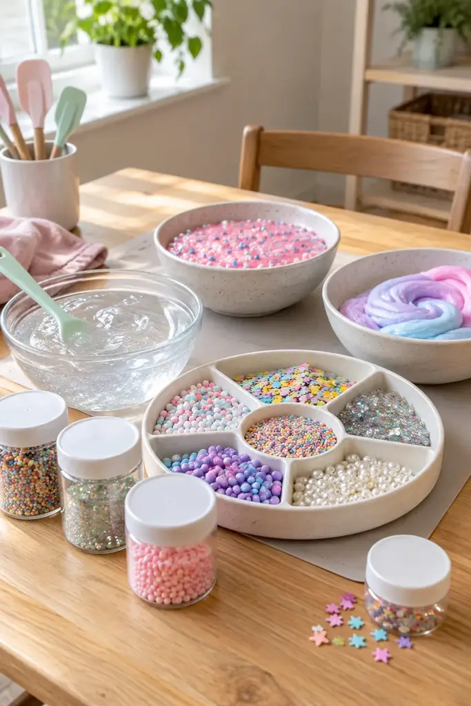 Sensory slime texture station with clear, foam bead and fluffy pastel slime in a compartment tray