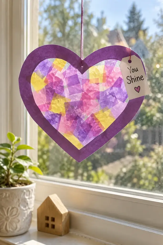 Heart shaped tissue paper suncatcher with a You Shine tag hanging on a sunny window