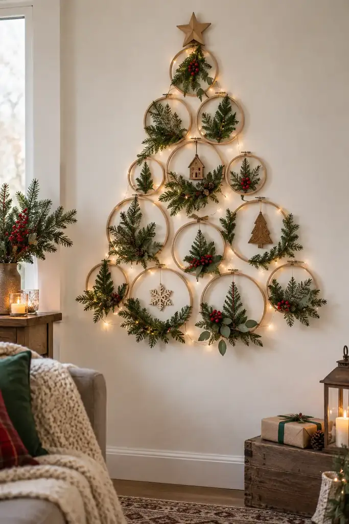 Wooden hoops form rows that narrow toward a star at the top