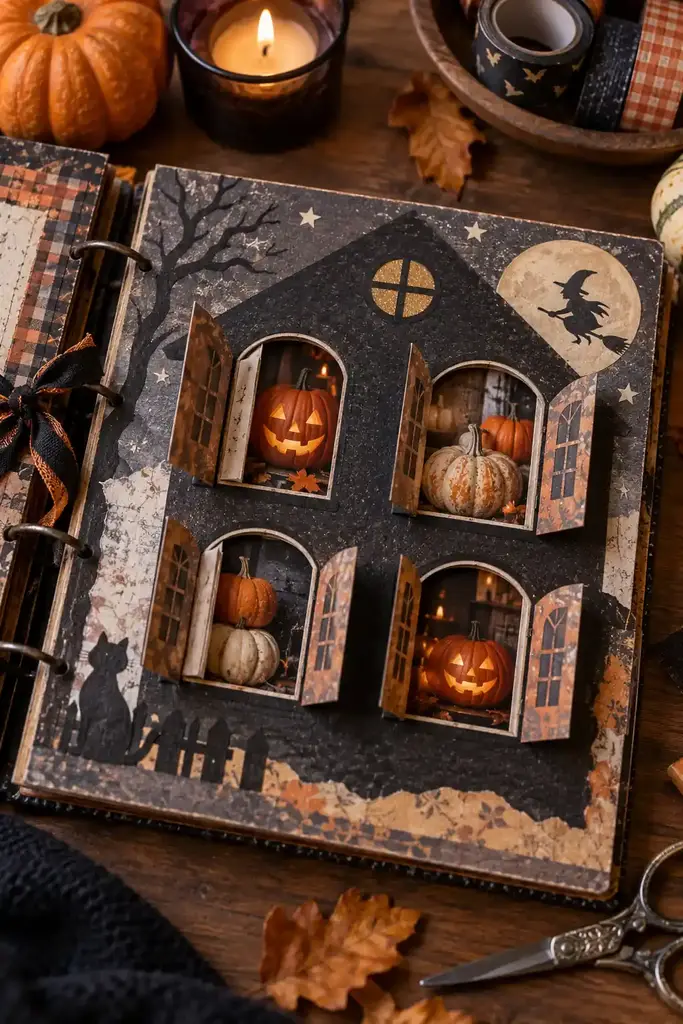 Interactive Halloween scrapbook page with house window paper flaps revealing pumpkin photos