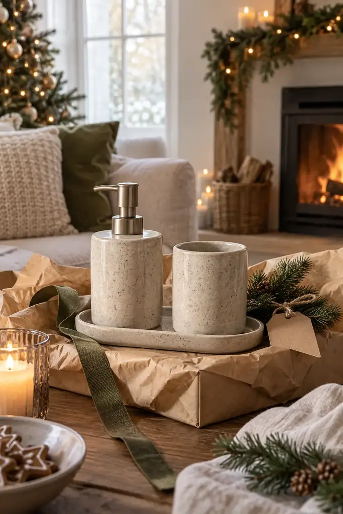 Speckled stoneware soap dispenser and tumbler on a small tray in a gift box