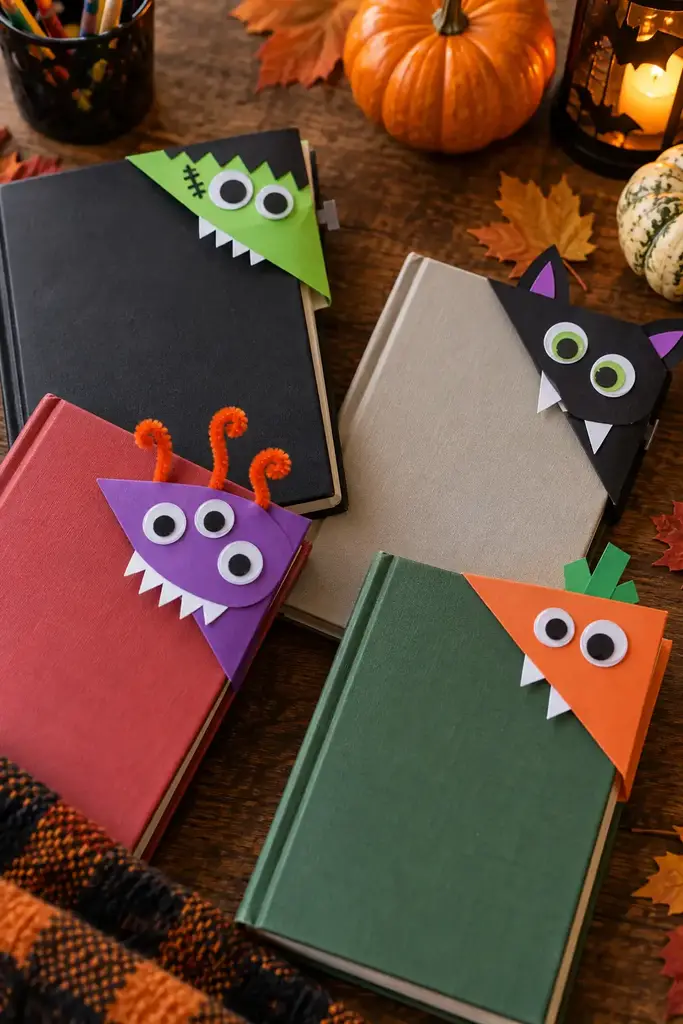 Folded paper corner bookmarks shaped as monsters on closed classroom books