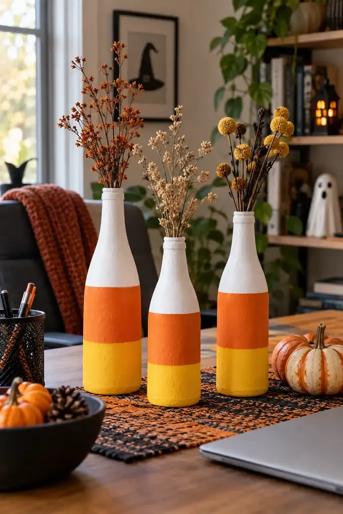 Three upcycled bottles painted in white, orange and yellow candy corn stripes holding dried stems