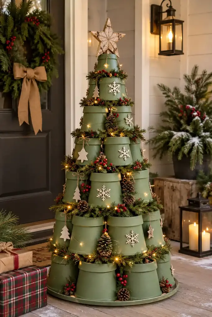 Inverted sage green pots form a tiered tree with greenery and lights around the edges