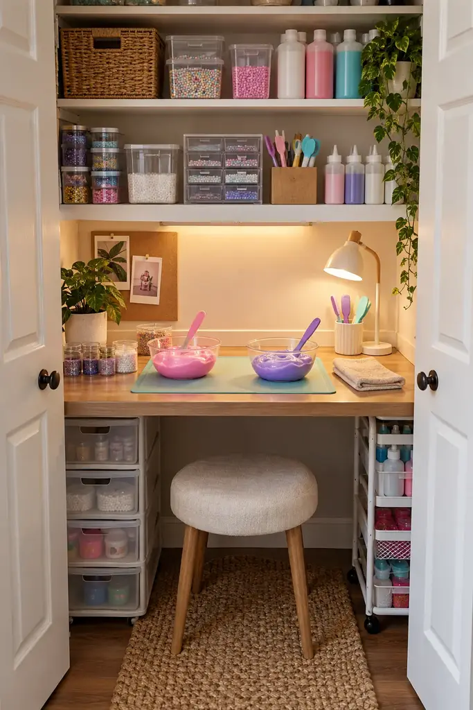 Converted small closet slime station with fitted wood desk, slime bowls, shelves and a task light