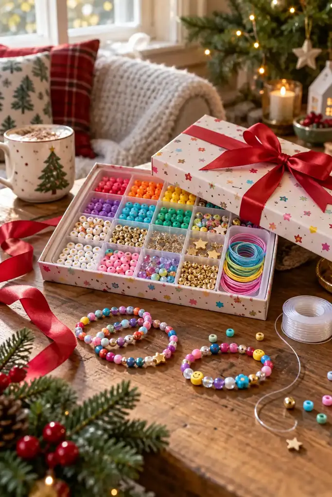 Friendship bracelet bead kit with colorful beads in compartments, elastic cord and finished bracelets