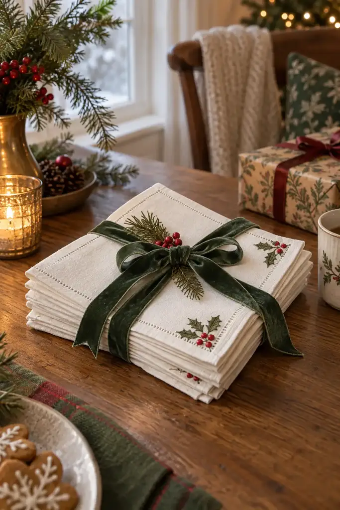 Stack of white linen handkerchiefs with embroidered holly corners tied with green velvet ribbon