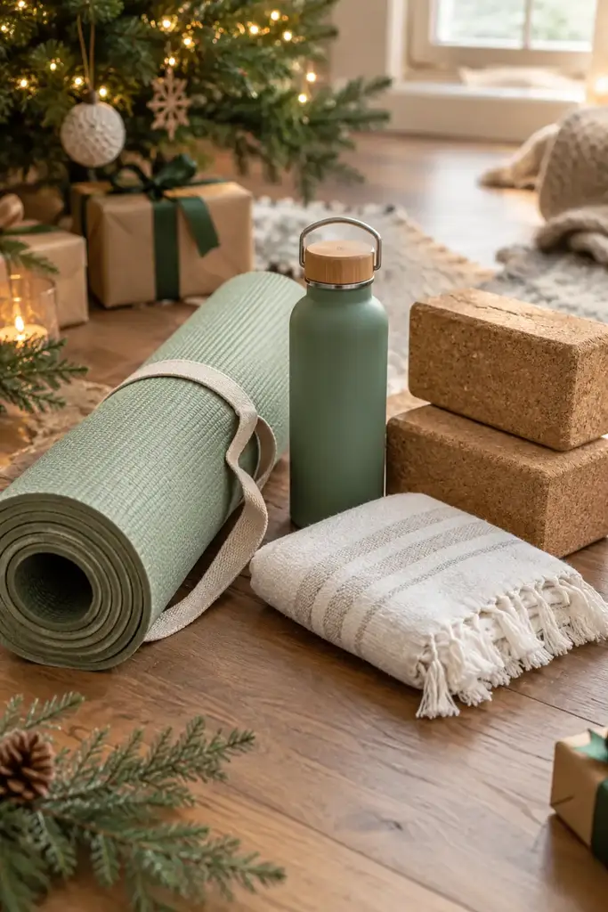 Sage green yoga mat, a matching water bottle, cork yoga blocks and a towel on a wooden floor