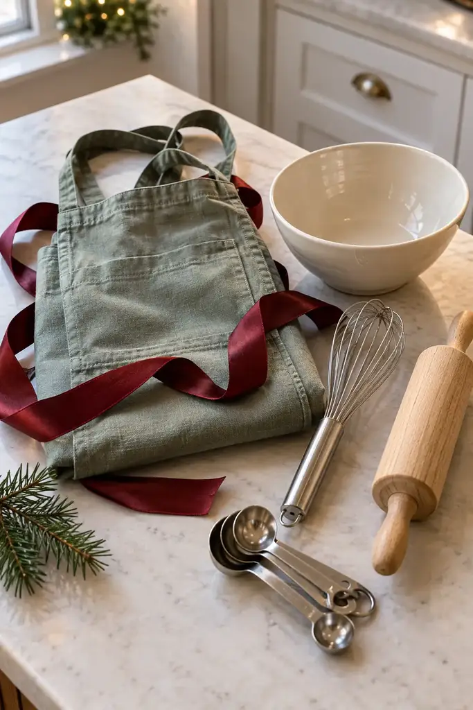 Sage linen apron, white mixing bowl, whisk, measuring spoons and wooden rolling pin tied with red ribbon