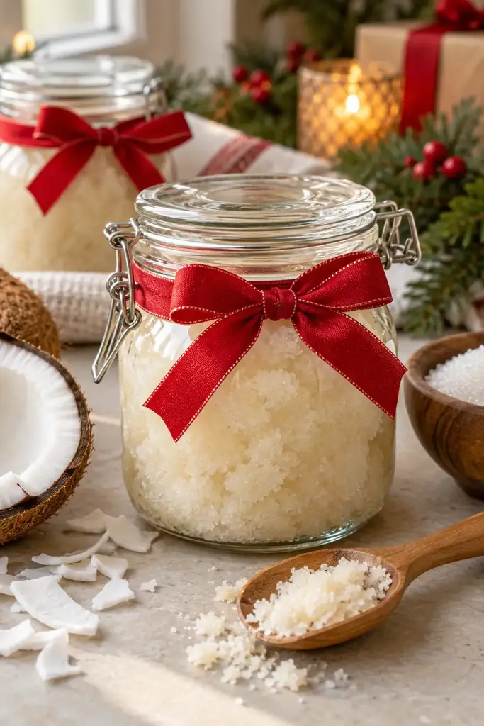 Glass jars of homemade coconut sugar body scrub tied with red ribbons beside a halved coconut