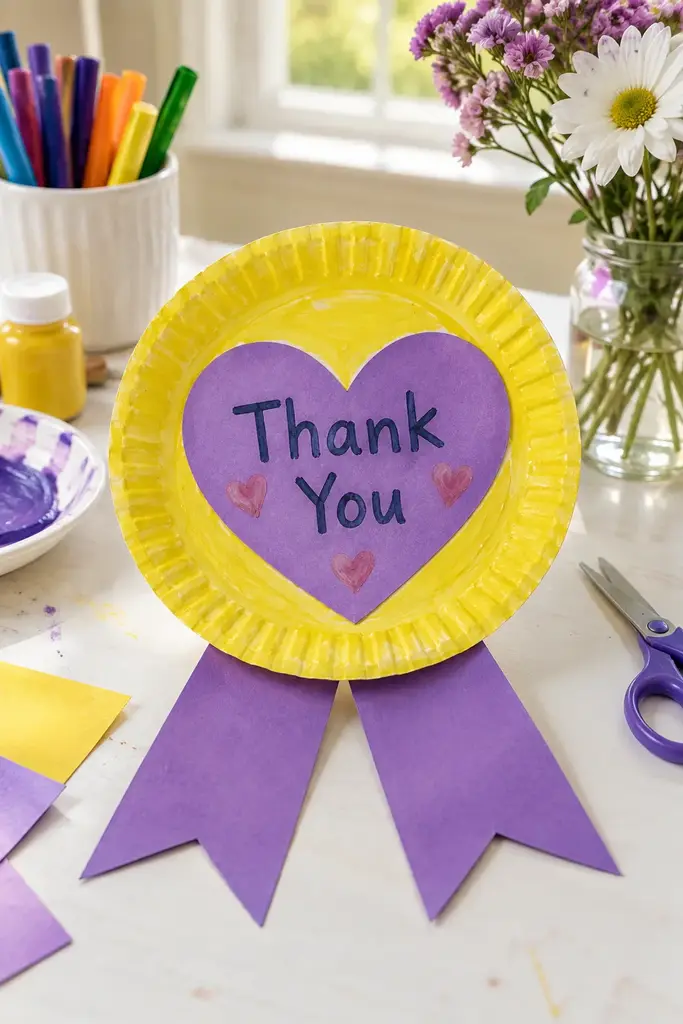 Paper plate award painted yellow with a purple heart center reading Thank You and ribbon tails