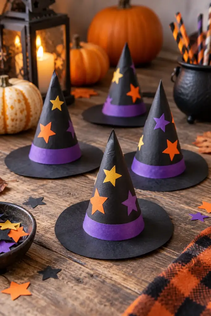 Small handmade black paper witch hats with colorful stars and purple bands