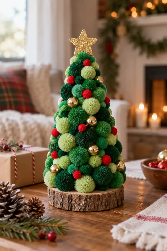 Green pom poms cover a cone above a round wooden base