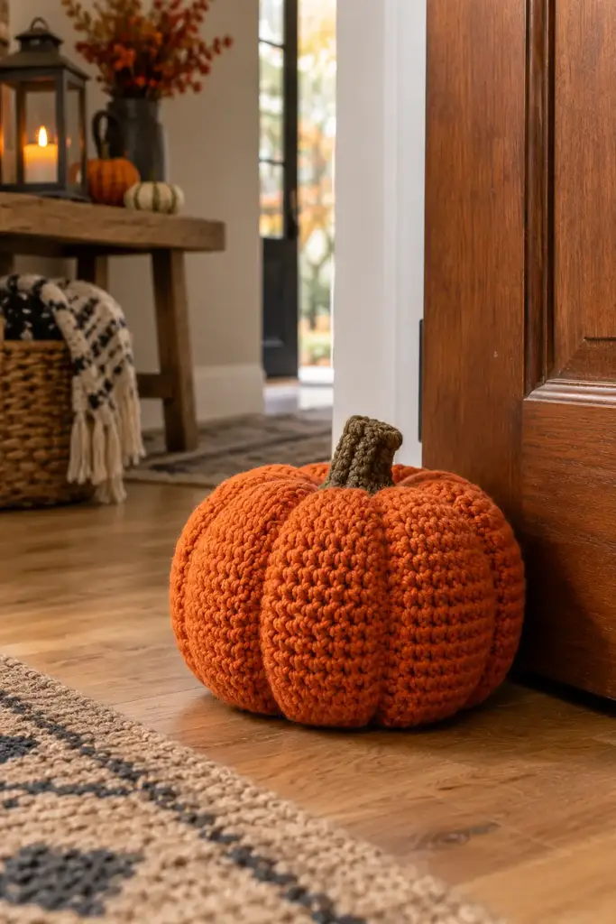 Large sturdy orange crocheted pumpkin doorstop beside an interior door