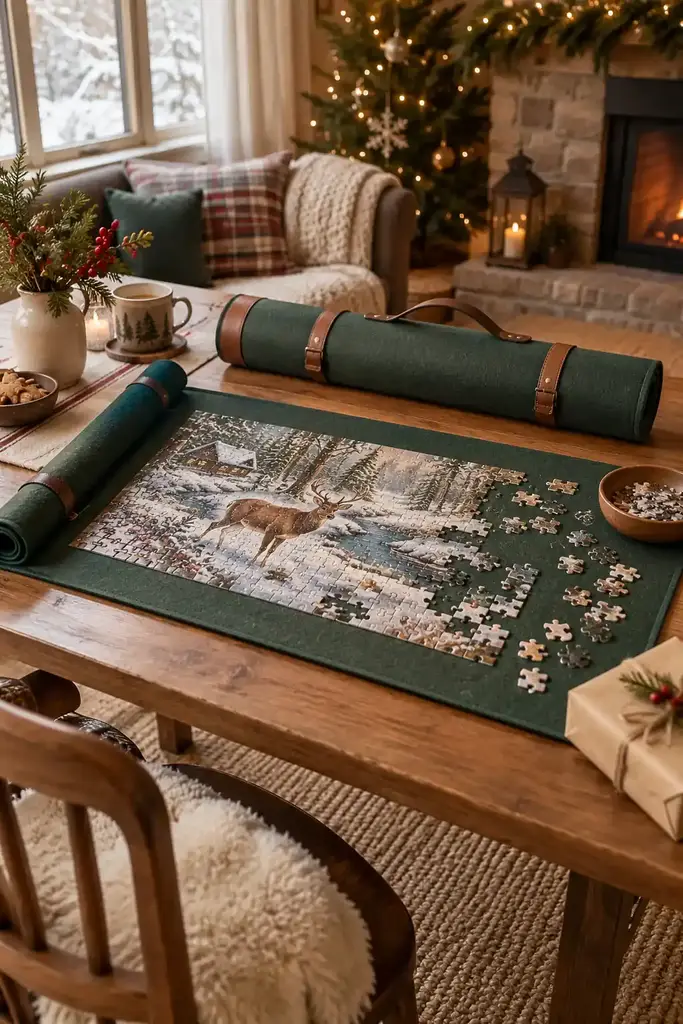 Green felt jigsaw puzzle roll mat with a partly built woodland deer puzzle and leather straps