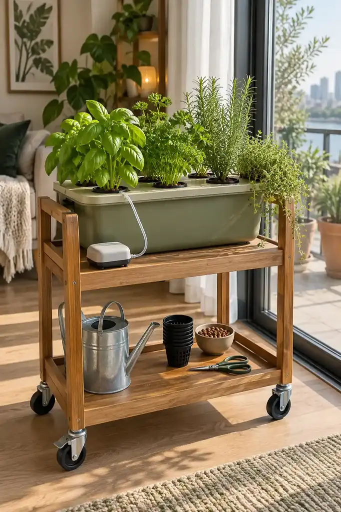 DIY mobile hydroponic herb garden on a two tier wooden rolling cart with a sage reservoir beside a balcony door