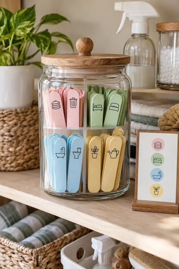 Large chore jar with a divided insert sorting pastel sticks into four room sections with an icon key